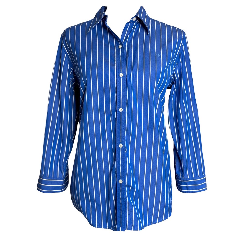 90s Y2K Lauren Ralph Lauren Striped Monogram Shirt L Blue White Cotton Top - Picture 3 of 8